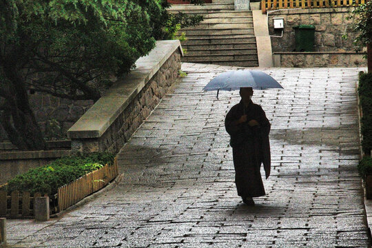 小雨持伞的僧人