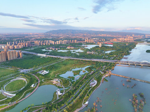 航拍陕西西安浐灞灞河湿地