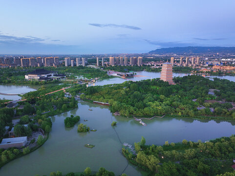 航拍陕西西安世博园长安塔夜景