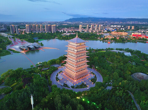 航拍陕西西安世博园长安塔夜景