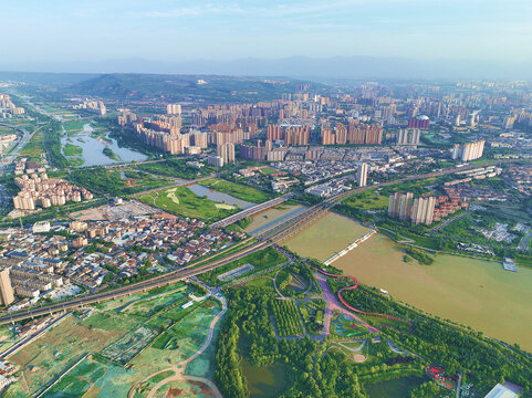 航拍西安浐灞灞河湿地