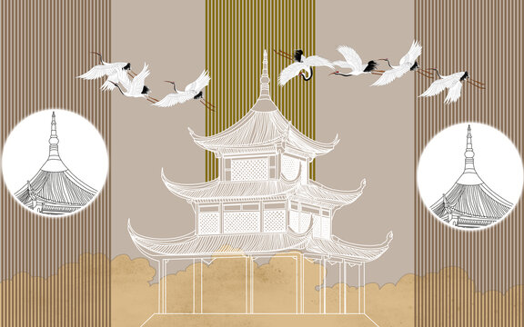 閣樓刺繡仙鶴背景