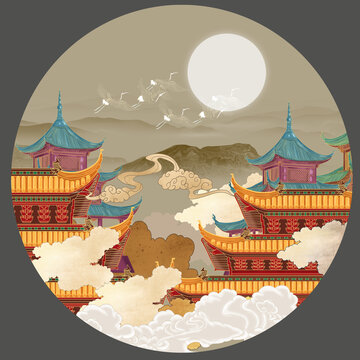 閣樓古建筑山水插畫