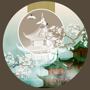 閣樓古建筑花鳥山水