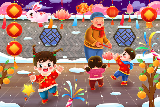春節(jié)元宵節(jié)賞花燈插畫