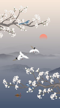 豎幅玉蘭花山水