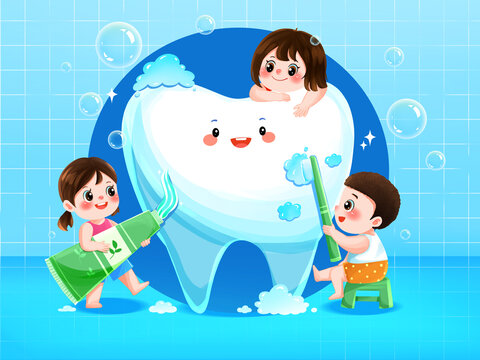 全国爱牙日刷牙的儿童插画