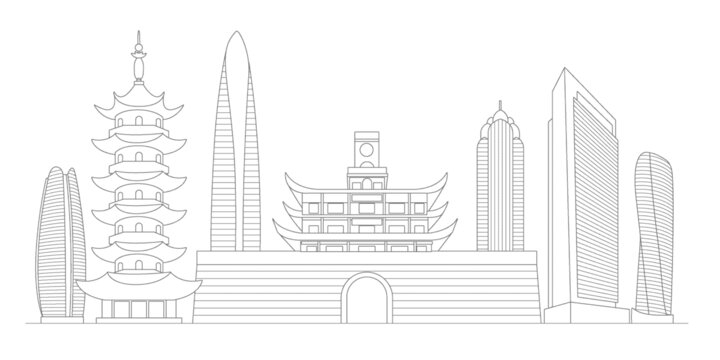 宁波地标建筑描边插画
