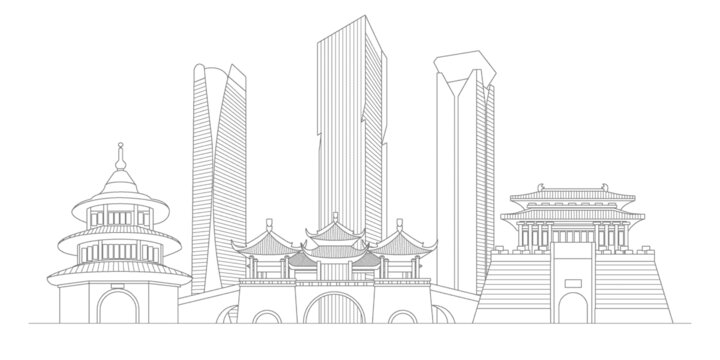 扬州地标建筑描边插画