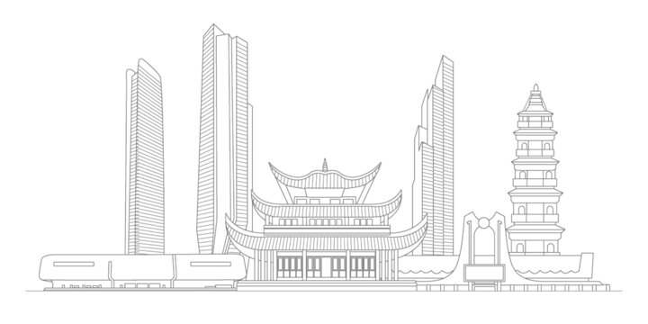 岳阳地标建筑描边插画