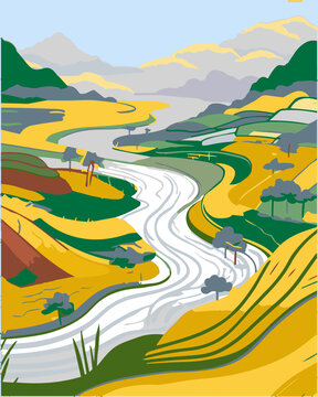 秋天扁平風(fēng)田野河流風(fēng)景插畫(huà)