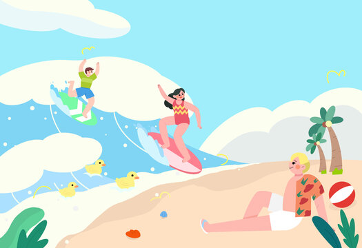 夏天海邊沖浪玩耍人物插畫