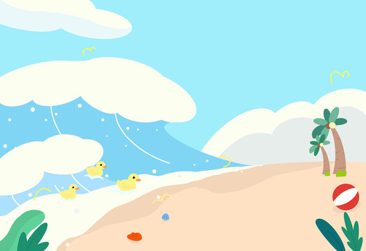 夏天海邊沖浪玩耍人物插畫