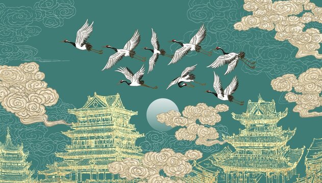 瑞鶴圖樓閣建筑壁畫(huà)