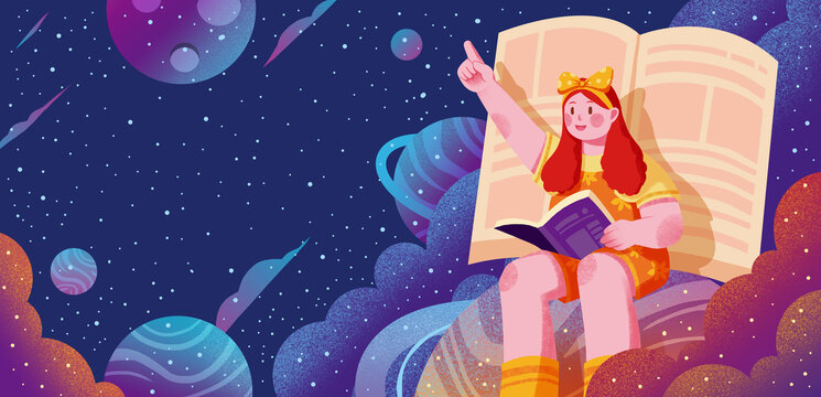 小女孩坐在宇宙星球上阅读