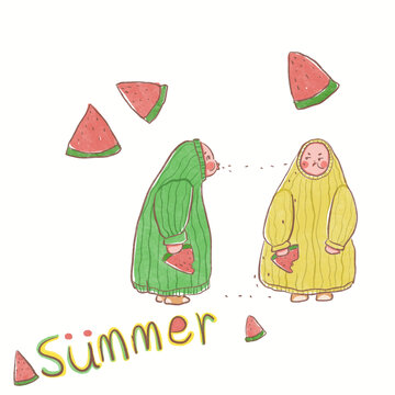 卡通小朋友吃西瓜