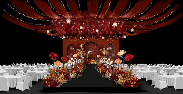 复古红色婚礼舞台效果图