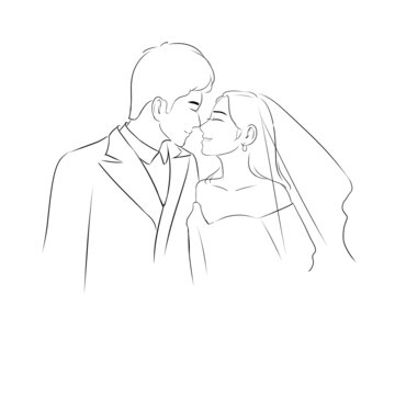 手繪頭像黑白線稿素描婚紗