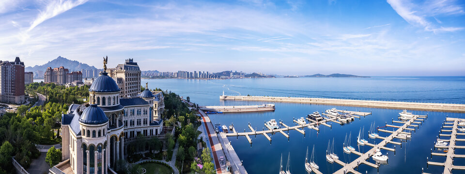 航拍青岛西海岸城市景观全景