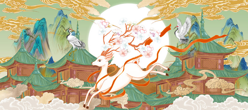 國潮梅花鹿插畫