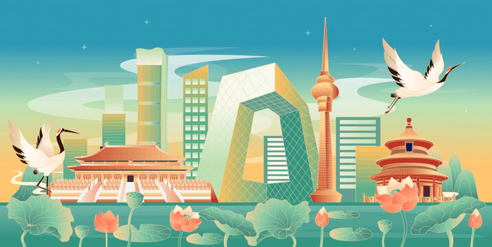 北京地标建筑国潮插画