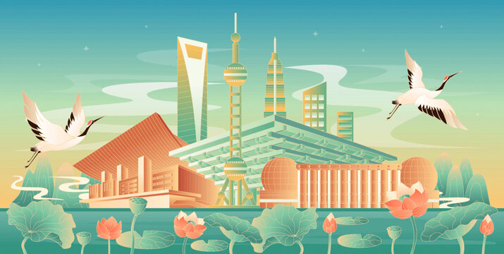 上海地標建筑國潮插畫