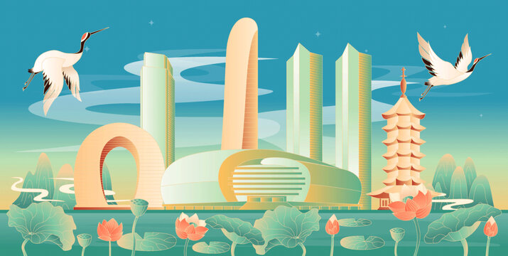 湖州地標(biāo)建筑國潮插畫