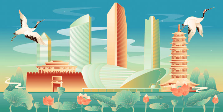 金華地標(biāo)建筑國潮插畫