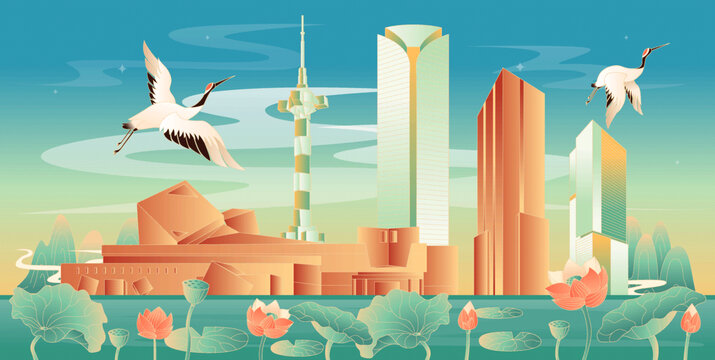 鹽城地標(biāo)建筑國(guó)潮插畫