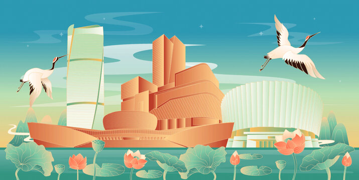 邯鄲地標(biāo)建筑國潮插畫