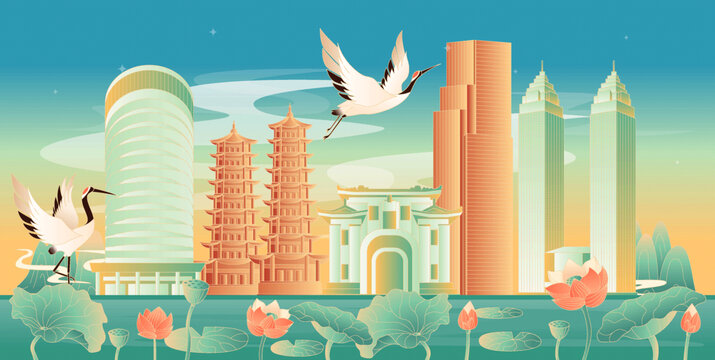 桂林地標建筑國潮插畫
