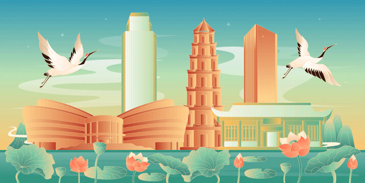 黃岡地標(biāo)建筑國(guó)潮插畫