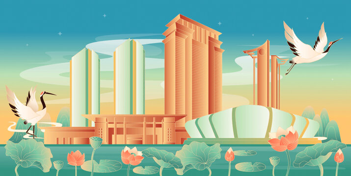 滁州地標(biāo)建筑國潮插畫