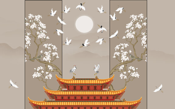 古建筑花鳥(niǎo)瑞鶴圖