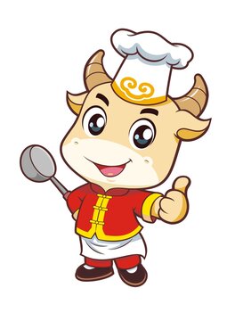 卡通可愛(ài)小牛廚師豎大拇指