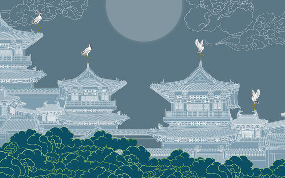 線條閣樓刺繡祥云仙鶴
