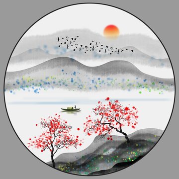 圓形水墨山水畫