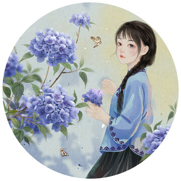 绣球花女孩插画