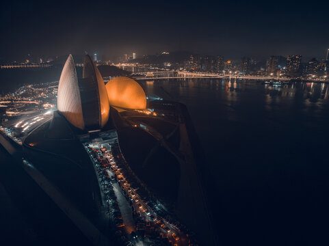 珠海大剧院夜景航拍