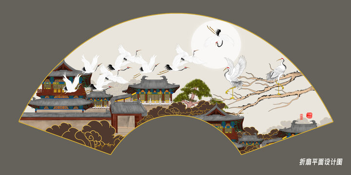 折扇古建筑插畫