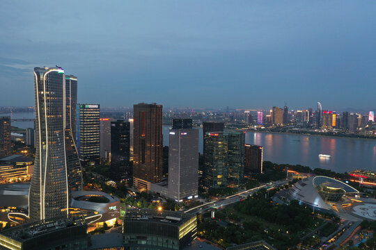 杭州钱江新城夜景航拍