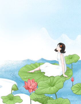夏天池塘坐在荷叶上的白裙少女