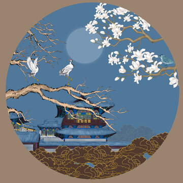 新中式故宮仙鶴刺繡