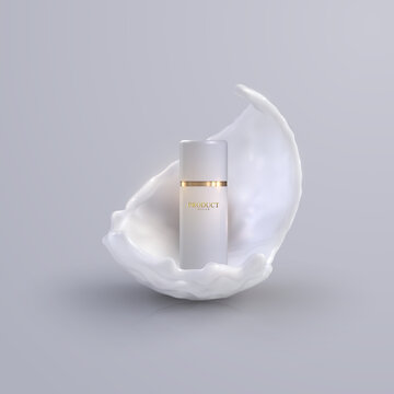 护肤品系列与乳白色液体飞溅特效 广告素材
