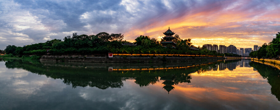 成都望江楼日落夕阳晚霞全景图