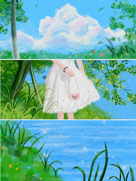 夏天森系手繪插圖素材背景天空