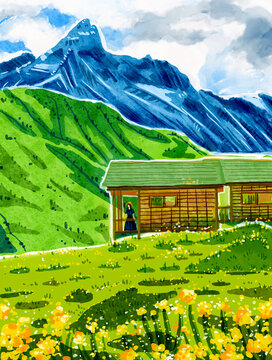 新疆自然风景大自然手绘插画