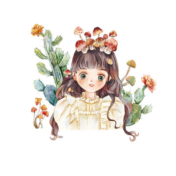 手繪插畫仙人掌女孩