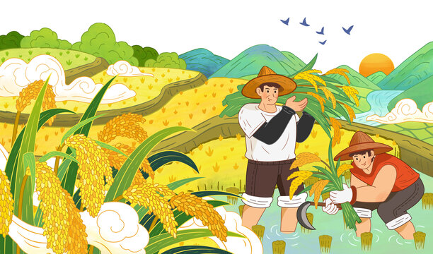 梯田里勤奋收割水稻的农民与秀丽山景插画