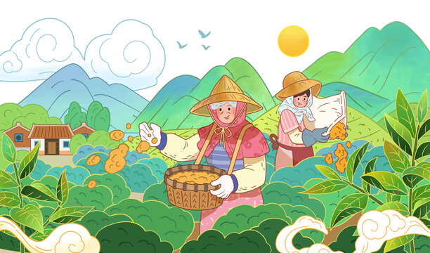 翠绿茶园施肥的的茶农与乡间茶园美景插画